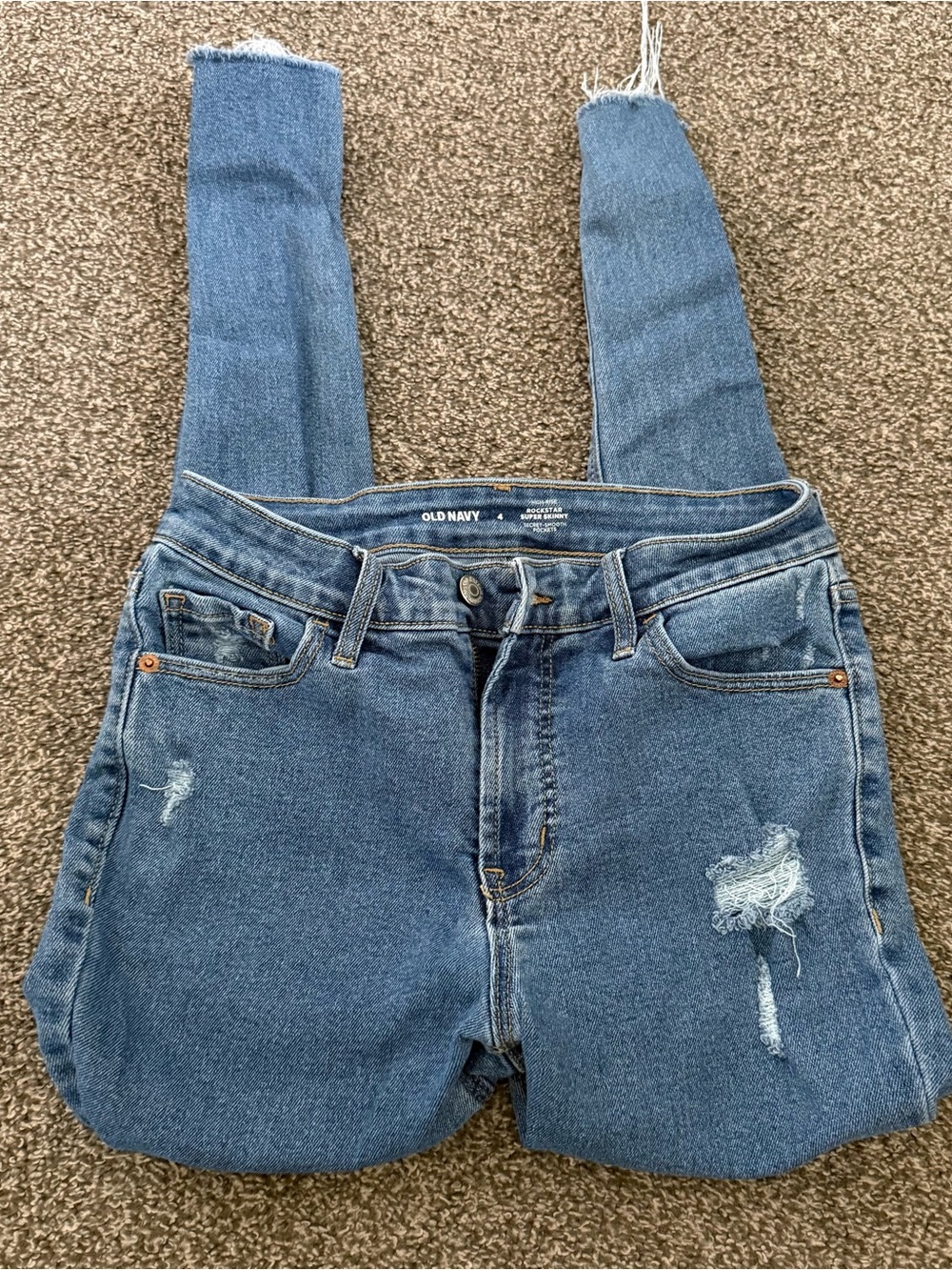 Old Navy High Rise Rcokstar Super Skinny Blue Jeans Distressed Knees Size 4